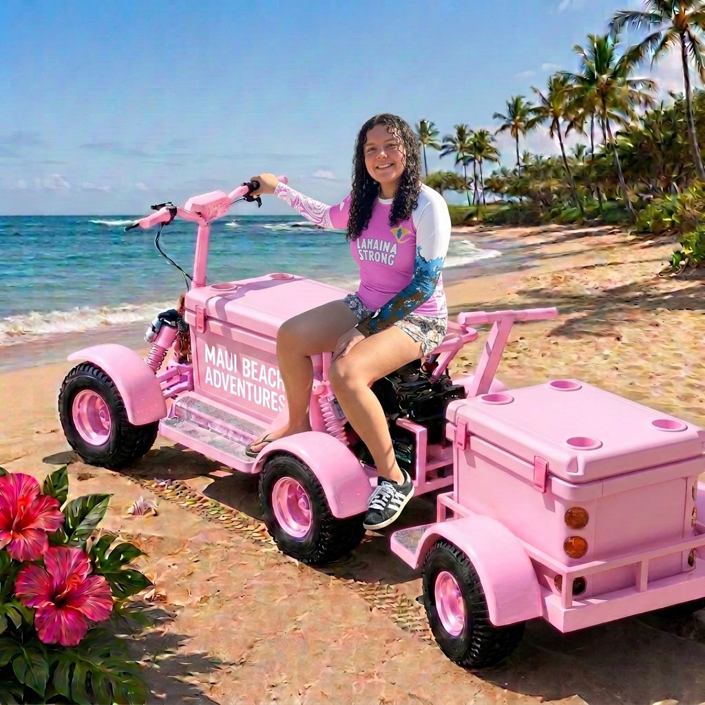 Pink Lahaina Strong tee worn on a Maui beach with a Koolkartz cart