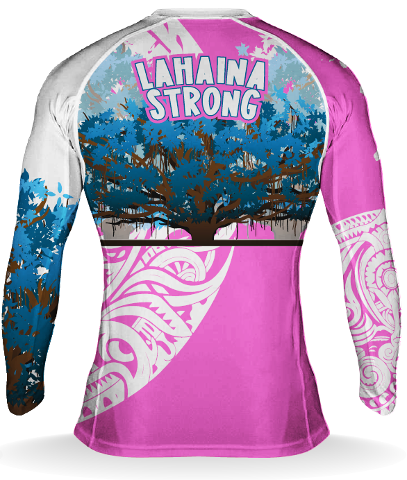 Lāhainā Strong rashguard back view with the Lāhainā banyan tree