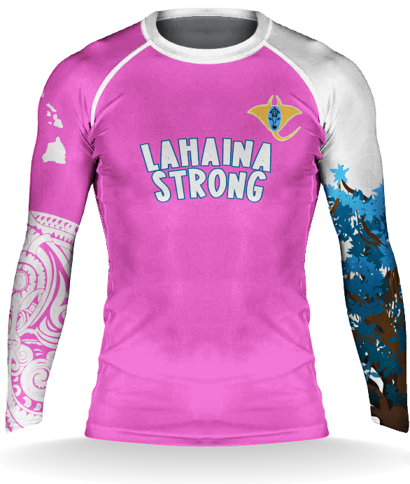 Lāhainā Strong rashguard front view with Maui Beach Adventures manta chest logo