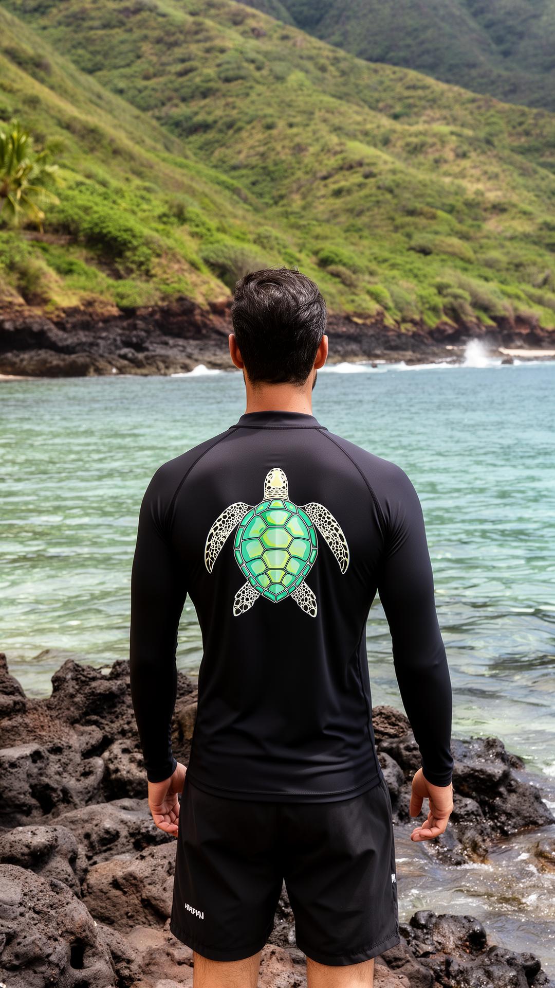 Back honu graphic on the black Maui Beach Adventures rashguard