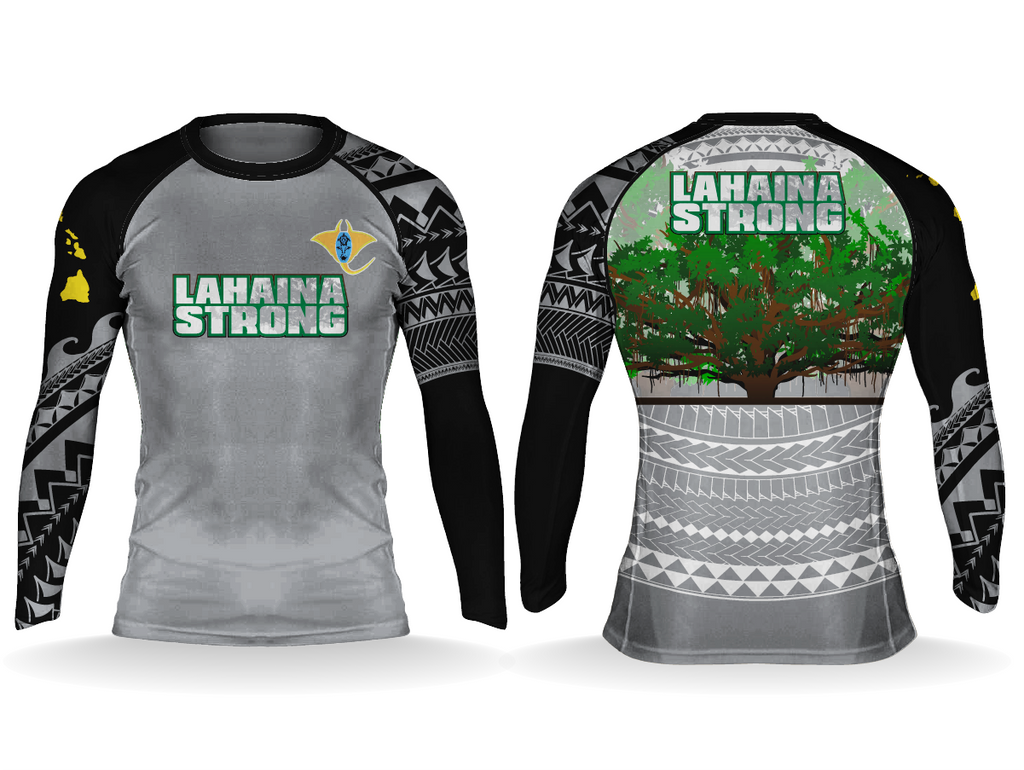 Lāhainā Strong rashguard dark colorway front and back with banyan tree and blacked out tribal sleeves
