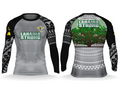 Lāhainā Strong rashguard dark colorway front and back with banyan tree and blacked out tribal sleeves