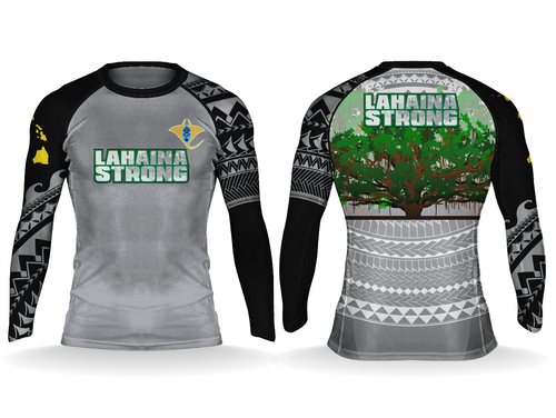Lāhainā Strong Performance Rashguard in Storm Gray — banyan tree back print and Polynesian tribal sleeves