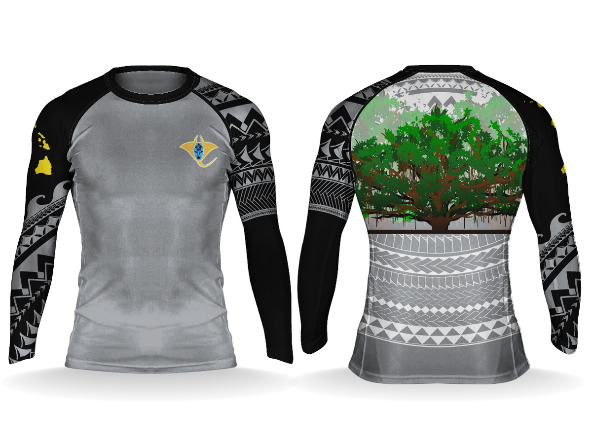Lāhainā Strong rashguard light colorway front and back with banyan tree and tribal sleeves