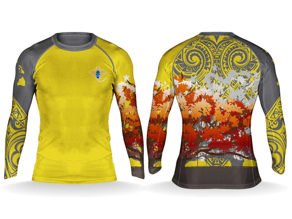 Lāhainā Strong Performance Rashguard in Sun Yellow — banyan tree back print and Polynesian tribal sleeves