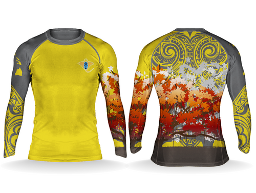 Lāhainā Strong Performance Rashguard in Sun Yellow — banyan tree back print and Polynesian tribal sleeves